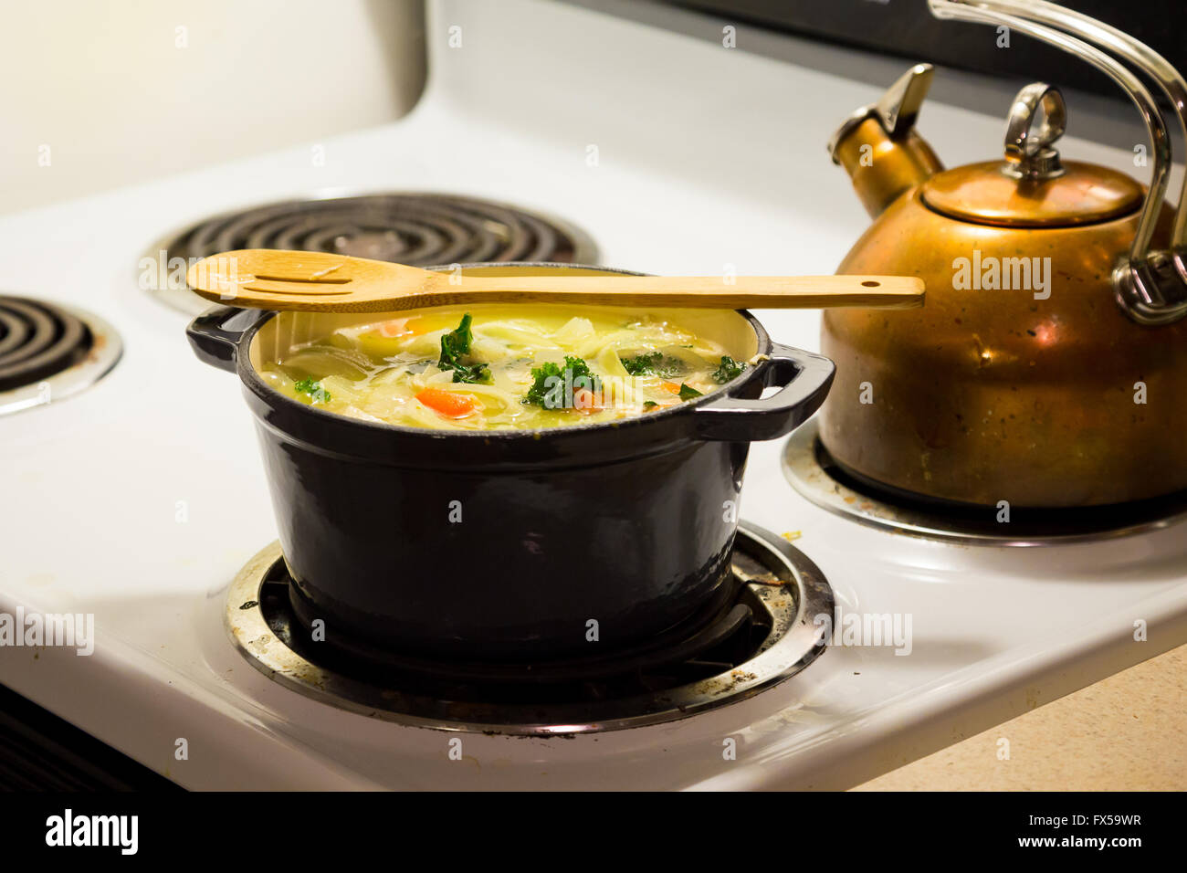 Forno olandese su una stufa durante la cottura Zuppa di noodle al pollo. Foto Stock