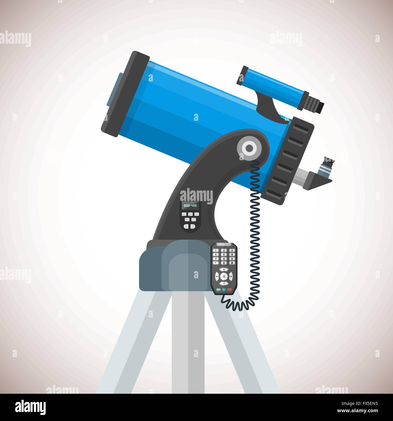 Vettore piatto colorato disegno lenti e sistema di specchi telescopio catadiottrico su forcella elettronico dobsonian mount immagine iso Illustrazione Vettoriale