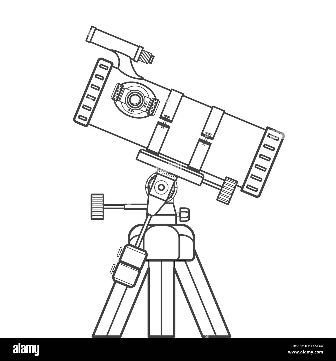 Vettore di colore nero contorno sistema di specchi telescopio riflettore sul montaggio equatoriale illustrazione tecnica isolato su bianco backg Illustrazione Vettoriale