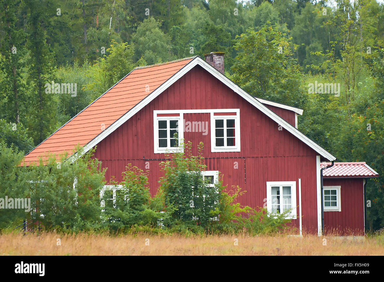 Traditionel rosso svedese casa in legno in un forrest Foto Stock