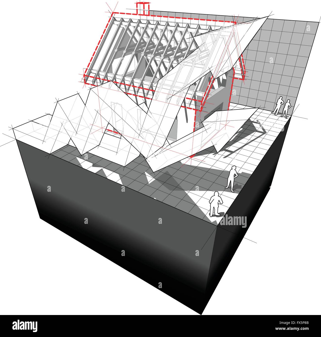 3d illustrazione del diagramma di una casa unifamiliare in costruzione con due fronti di schema di business frecce Illustrazione Vettoriale