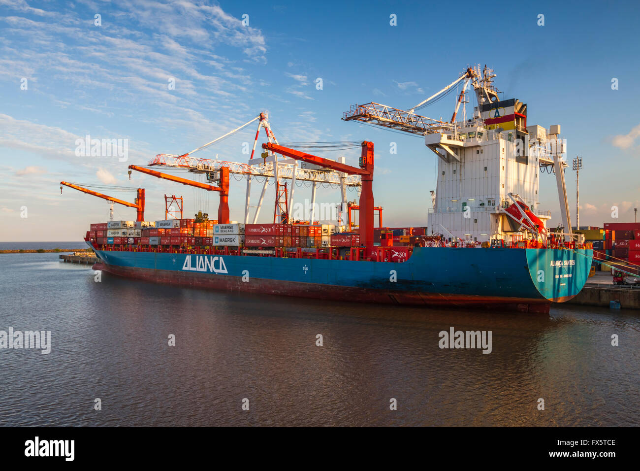 Una nave da carico di contenitori di carico in corrispondenza del contenitore per il trasporto dal porto di Buenos Aires, Argentina, Sud America. Foto Stock