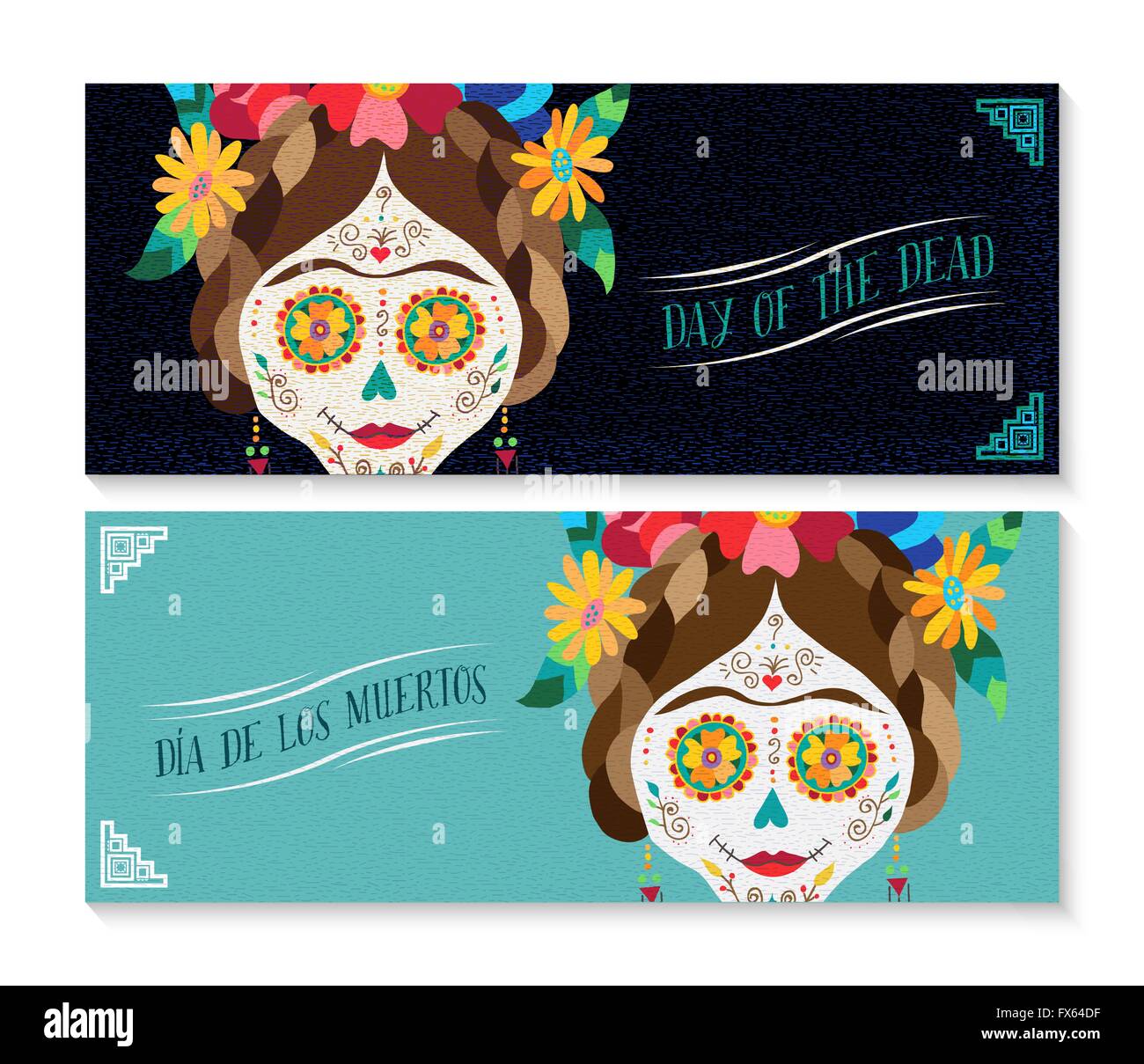 Set di Banner per la tradizionale vacanza in Messico il giorno dei morti con cute catrina messicano cranio vestito come pittore famoso. EPS10 Illustrazione Vettoriale