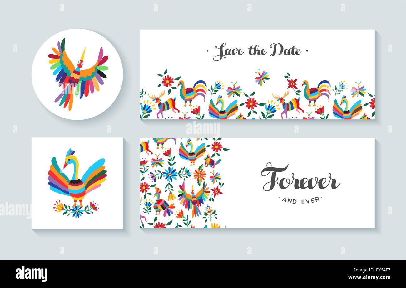 I biglietti di invito set con molla colorati disegni di fiori e animali. Include le citazioni di testo perfetto per un anniversario matrimonio Illustrazione Vettoriale