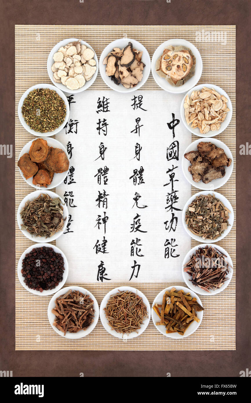 Chinese medicine a base di erbe selezione in ciotole di porcellana con la calligrafia script. Foto Stock