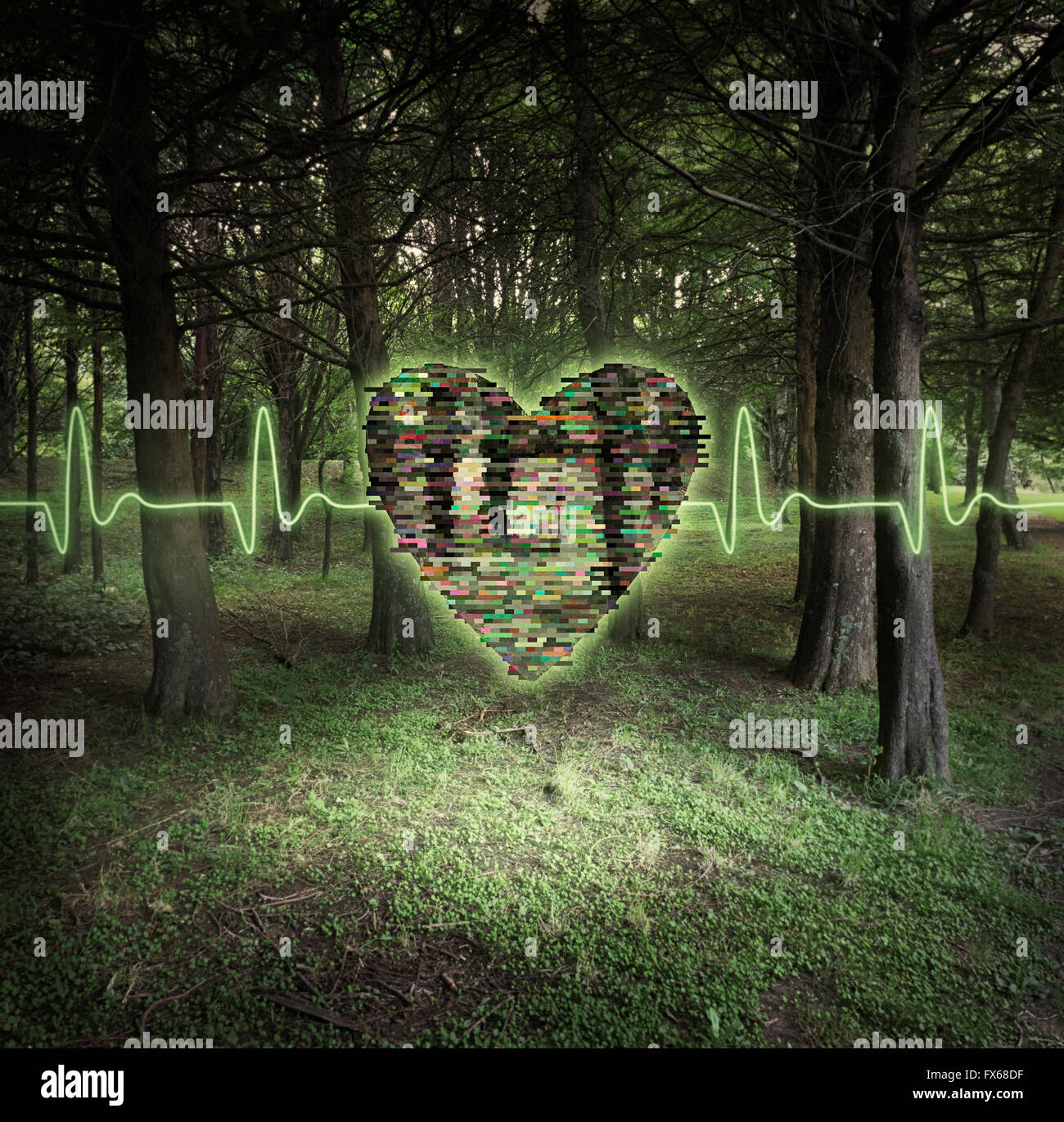 Pixel cuore galleggiante nella foresta Foto Stock