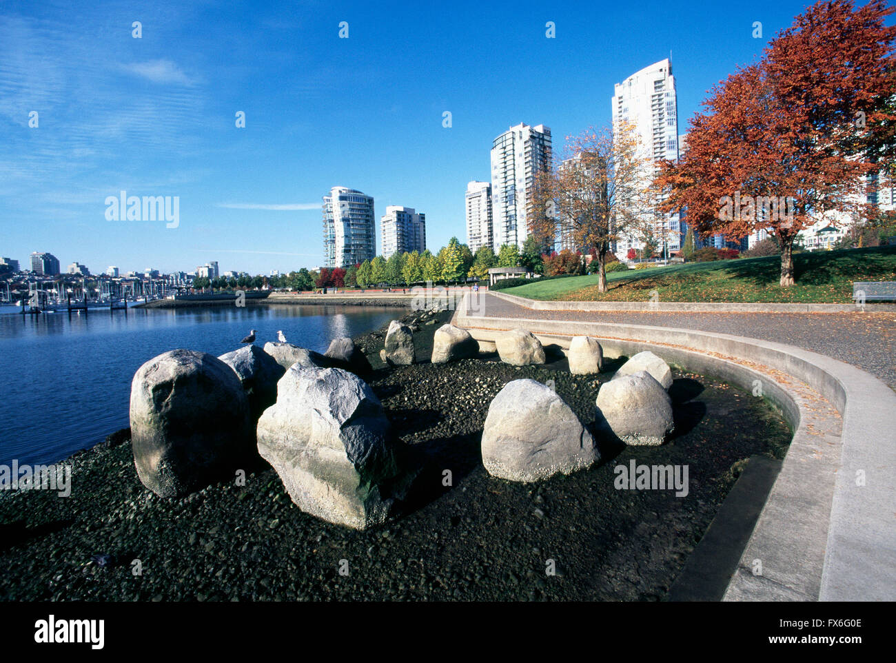False Creek a Yaletown, Vancouver, BC, British Columbia, Canada - Seawall lungo David Lam Park, Autunno Foto Stock