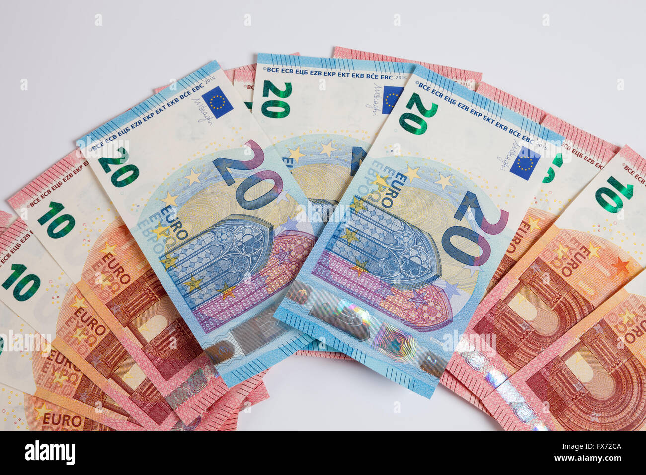 Fan di banconote, venti euro, data di release 25/11/2015, dieci euro, data di release 23/09/2014 Foto Stock