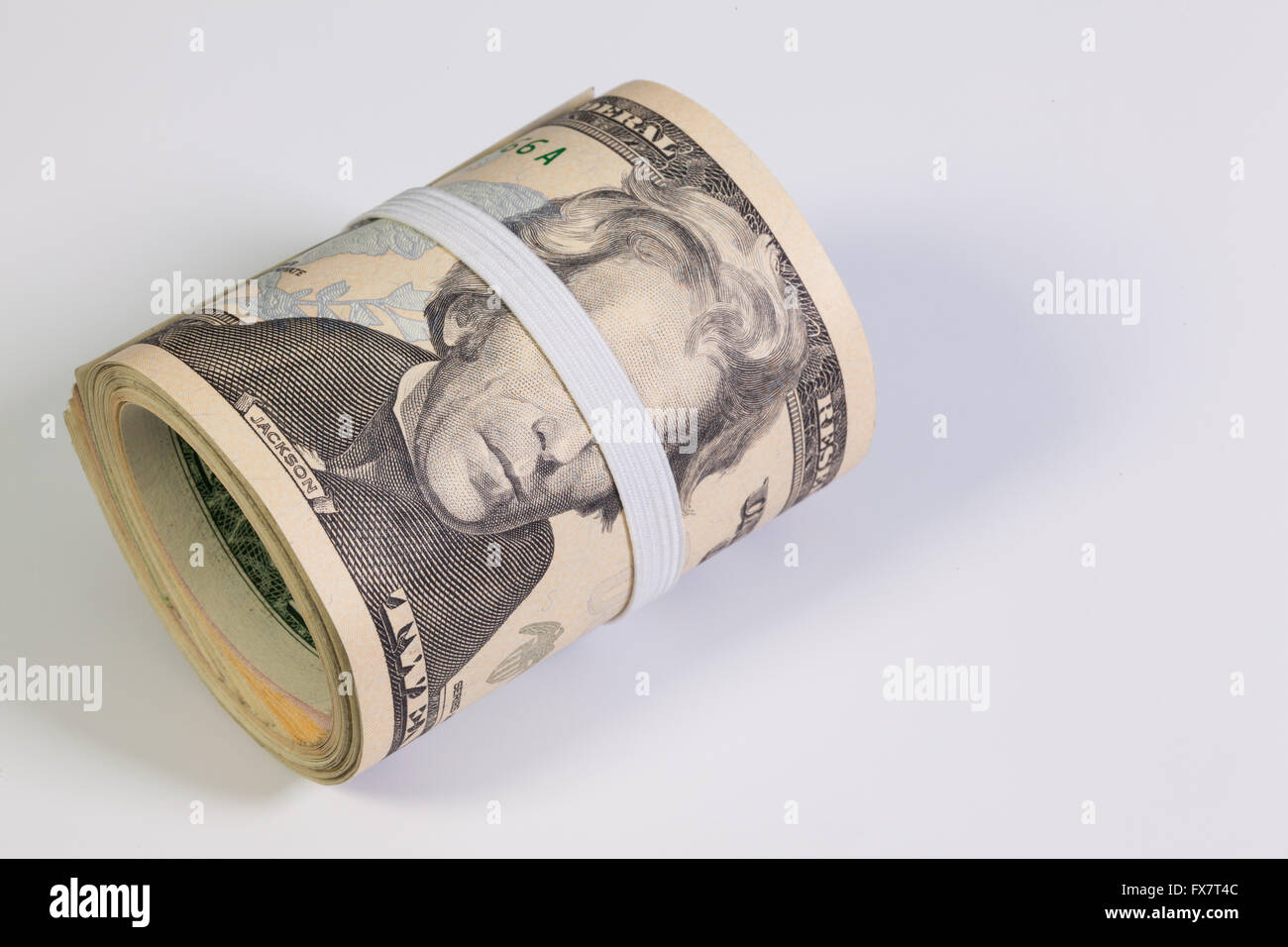 Lotta contro la corruzione - il rotolo di fatture del dollaro con fascia in plastica sopra gli occhi Foto Stock