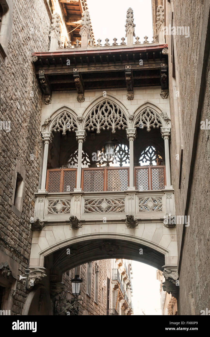 Antico arco e balcone su Carrer del Bisbe, Quartiere Gotico di Barcellona. Foto verticale Foto Stock