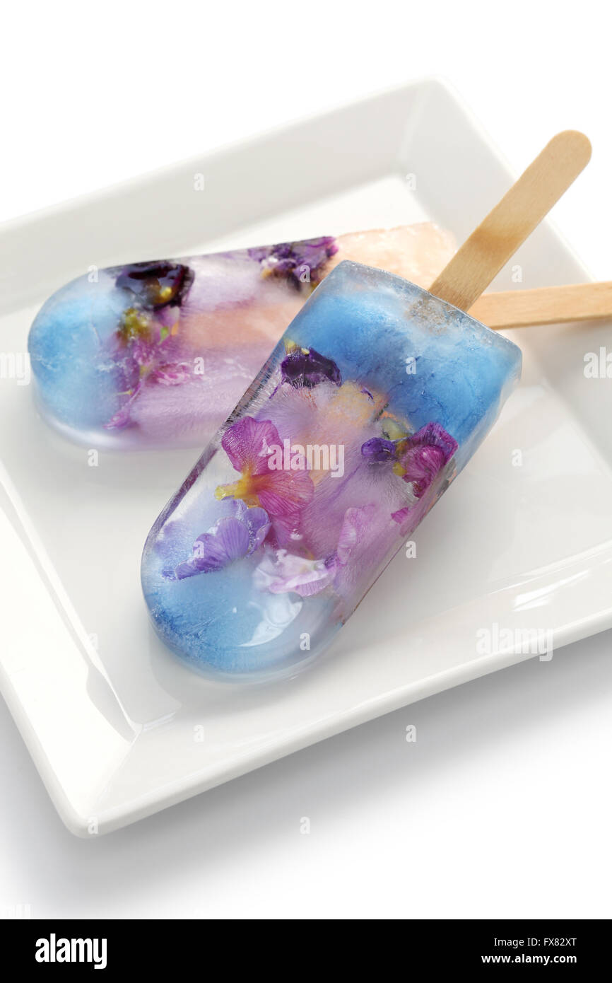 In casa fiori commestibili ice pop, ghiaccioli isolati su sfondo bianco Foto Stock