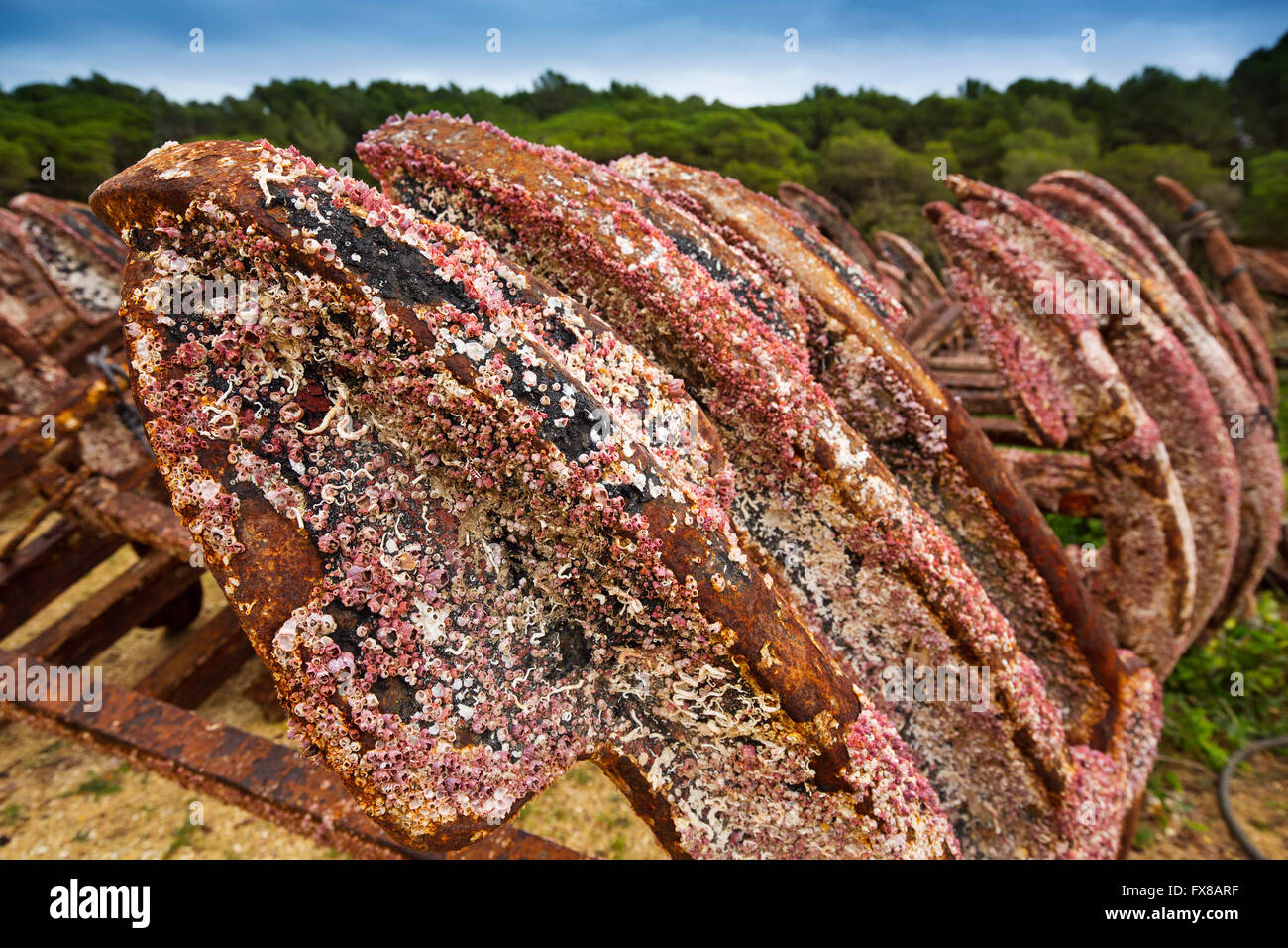 Ancoraggi per artigianale di pesca al tonno, Conil de la Frontera. La provincia di Cadiz Cadice, Andalusia Spagna. Europa Foto Stock