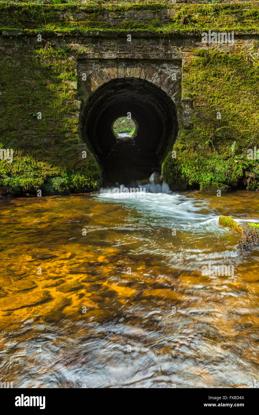 Flusso che scorre attraverso un tunnel sotto un canale. Foto Stock