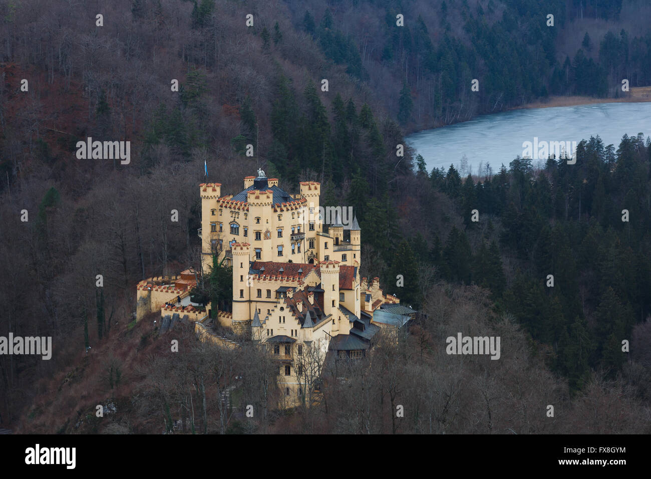 Vista del Castello di Hohenschwangau nelle Alpi montagna in inverno Foto Stock