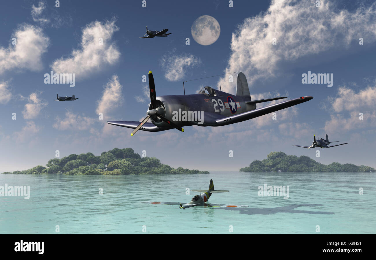 American corsari sorvolando un abbattuto giapponese Nakajima Fighter . Foto Stock