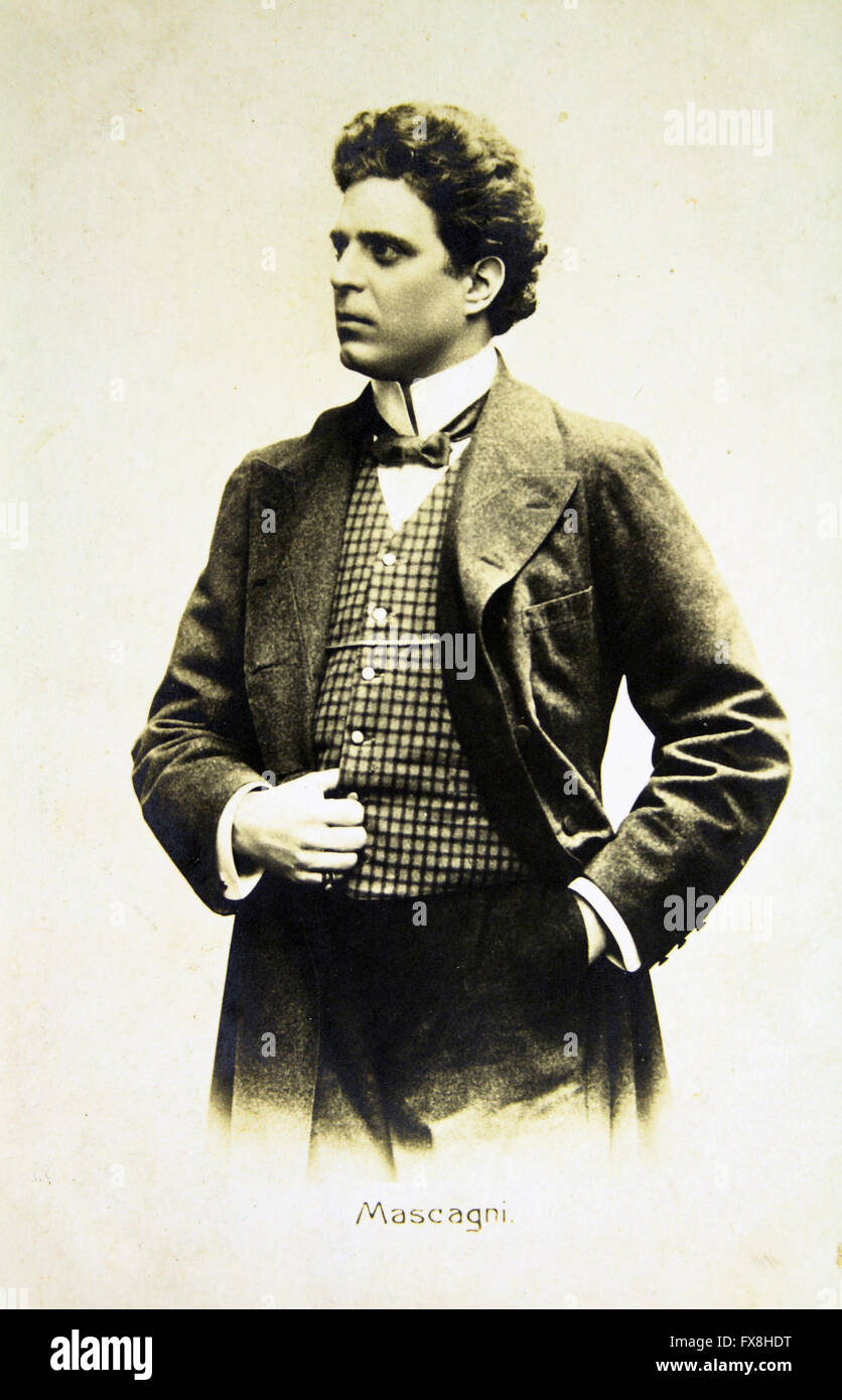 Cartolina stampata in Italia mostra Pietro Antonio Stefano Mascagni (Dicembre 7, 1863 - Agosto 2, 1945) è stato un compositore italiano più noto per le sue opere Foto Stock