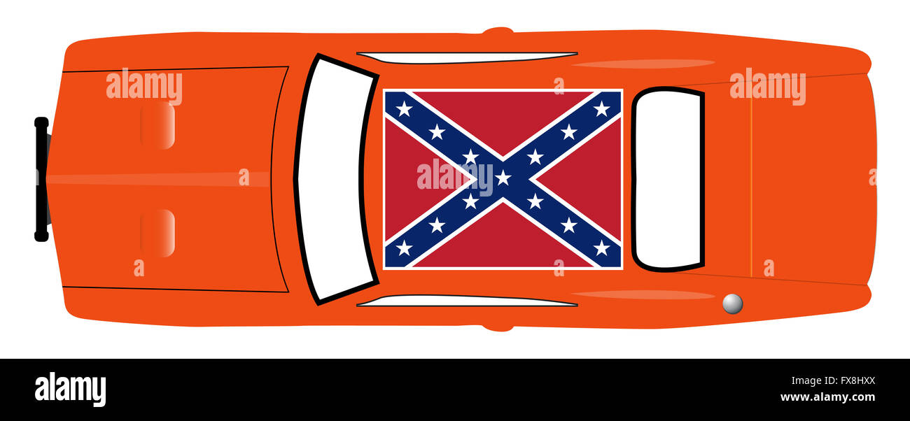Un confederato bandiera sul tetto di una vettura arancione isolato su uno sfondo bianco Foto Stock