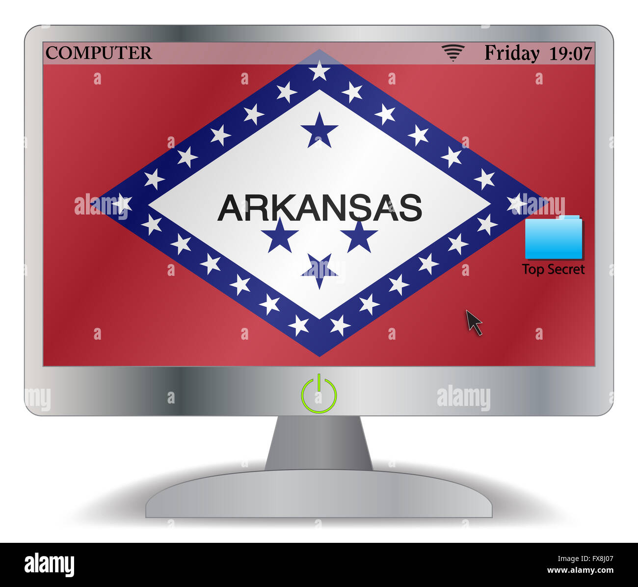 Un Arkansas sullo schermo del computer con un pulsante on isolato su uno sfondo bianco Foto Stock