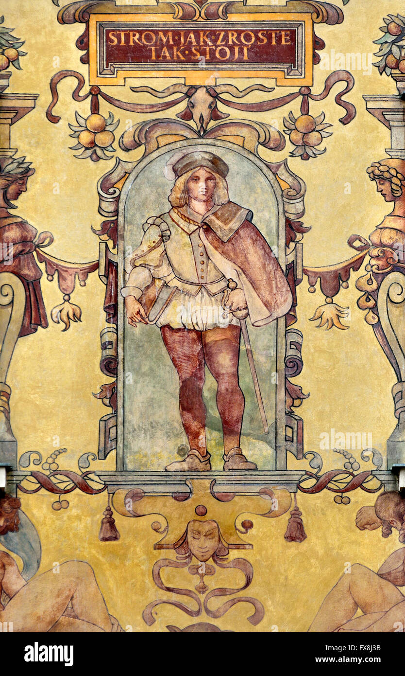 Praga, Repubblica Ceca. Wiehluv dum (Wiehl's House; 1896, Antonín Wiehl) su Vaclavske namesti (Piazza Venceslao) facciata dipinta Foto Stock