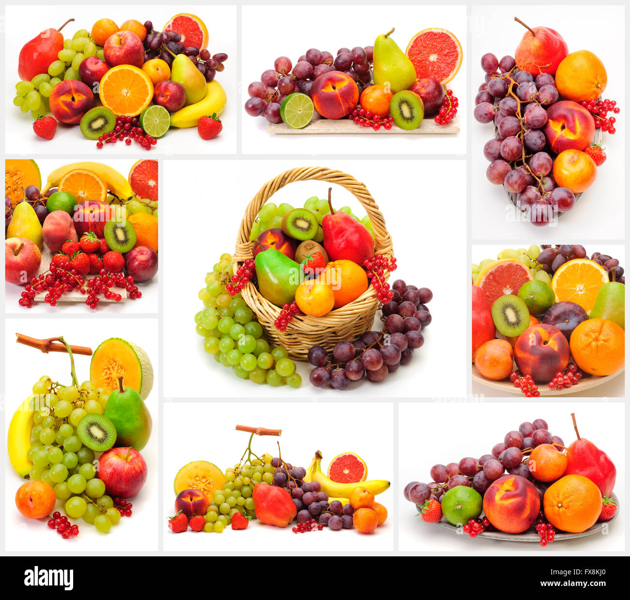 Collage di frutta fresca isolate su sfondo bianco Foto Stock