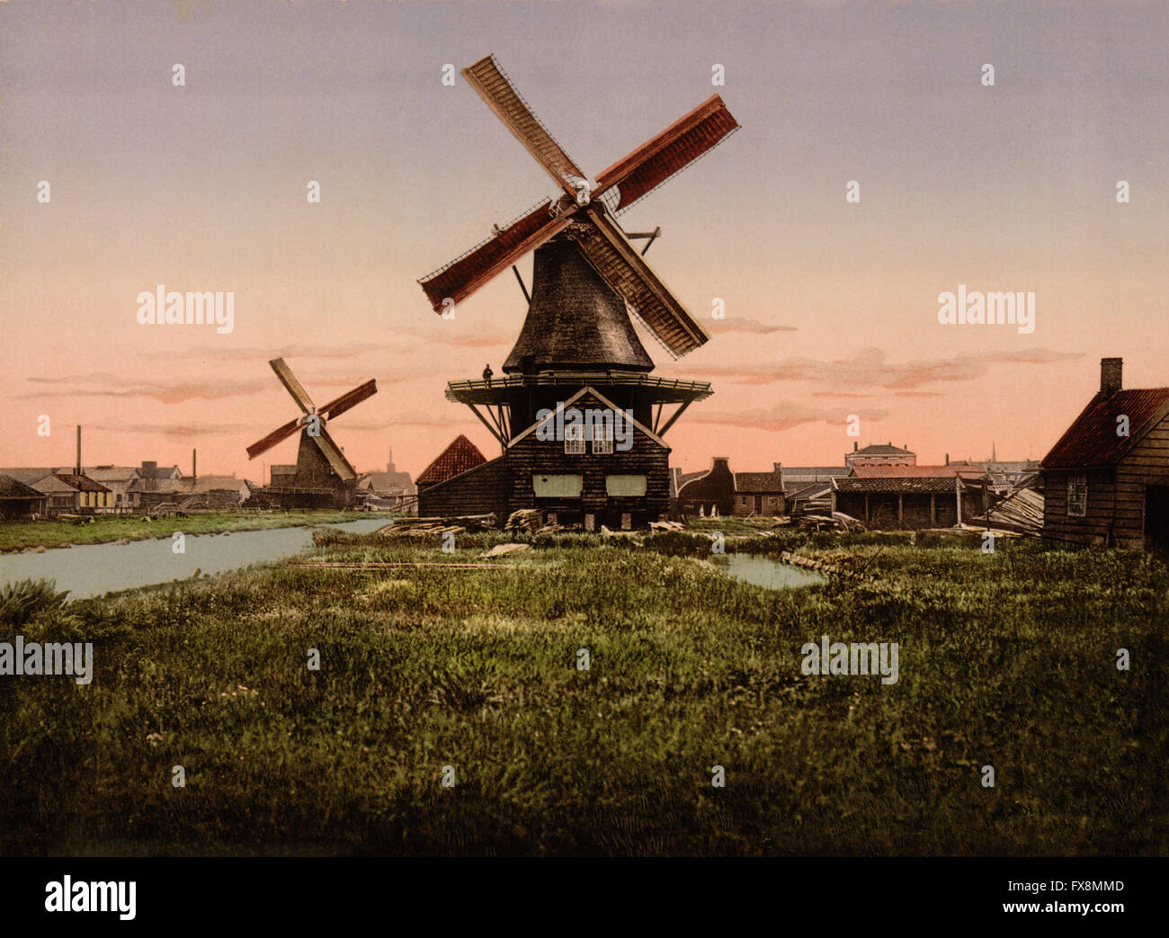 Due mulini a vento, Olanda, Photochrome Stampa, circa 1900 Foto Stock