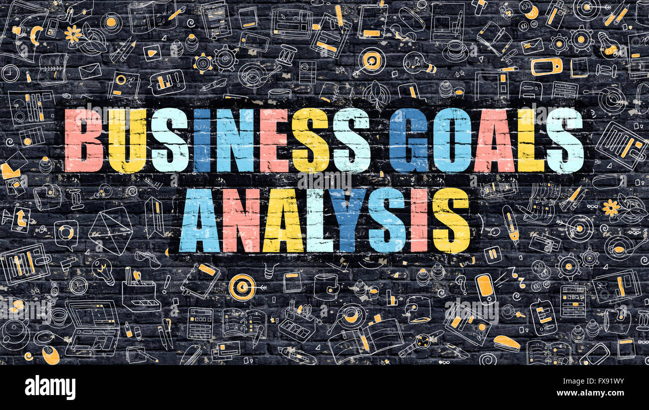 Obiettivi di Business Analysis on Dark muro di mattoni. Foto Stock
