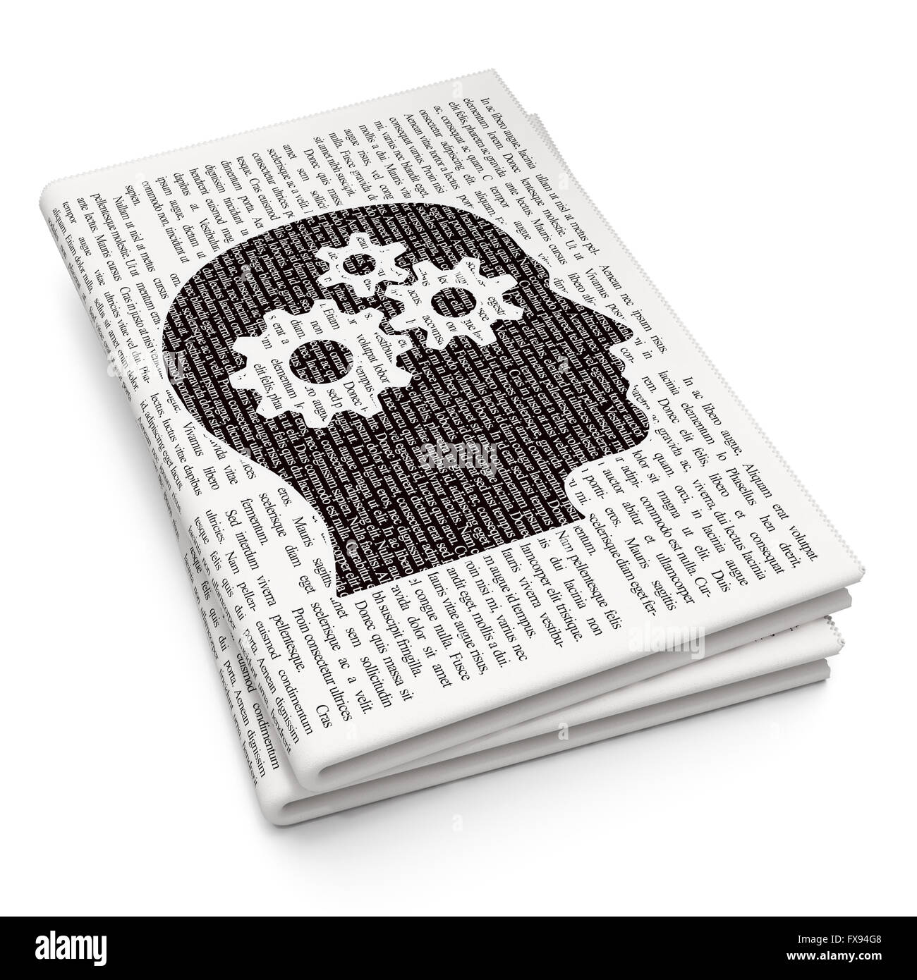 Concetto di dati: Testa con marce su sfondo di giornale Foto Stock