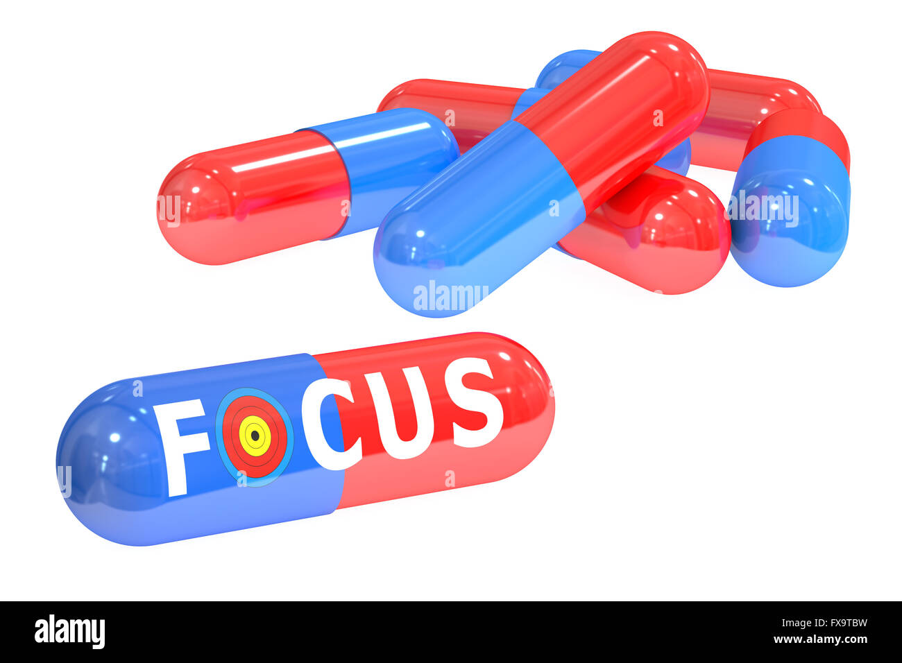 Focus pillole, 3D rendering isolati su sfondo bianco Foto Stock