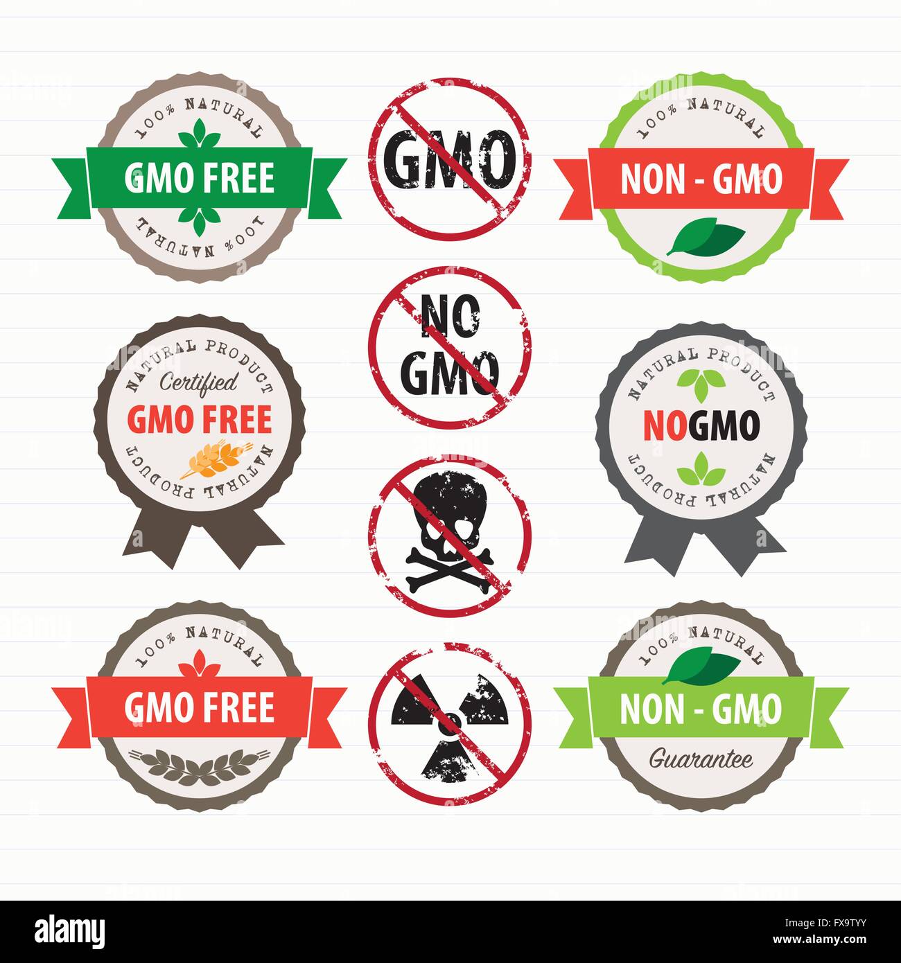 GMO francobolli e set di etichette Illustrazione Vettoriale