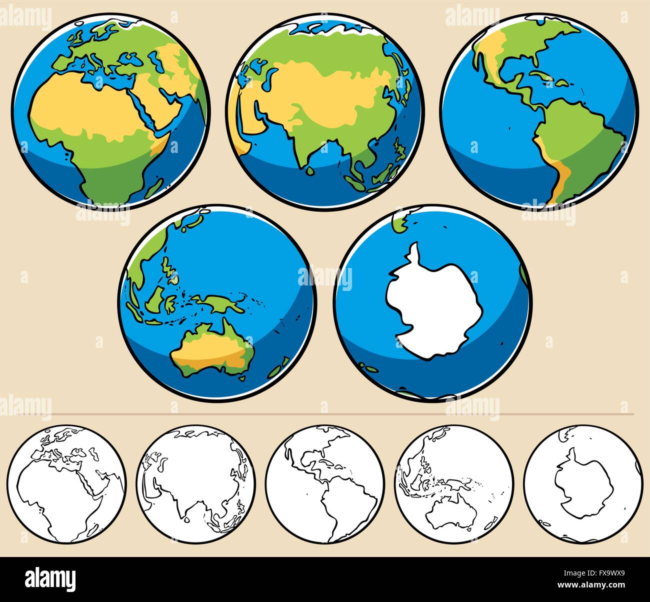 Cartoon illustrazione del pianeta terra visto da 5 diverse angolazioni. Di seguito sono riportate le stesse globi incolore. Illustrazione Vettoriale