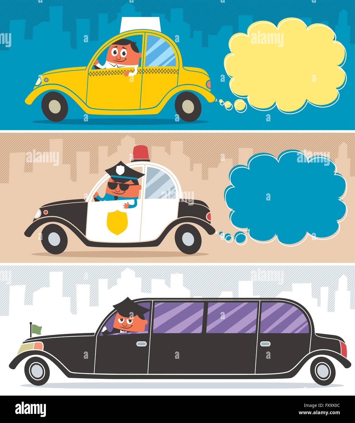 Taxi auto della polizia e limousine e ai loro conducenti. Illustrazione Vettoriale