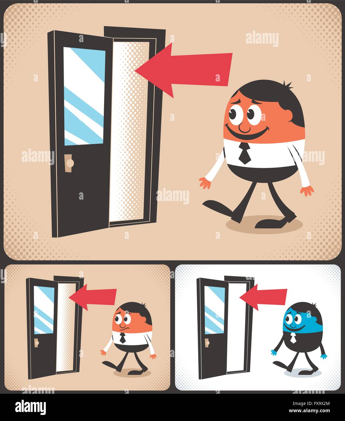 Cartoon uomo entrando in porta. Illustrazione è in 3 versioni. Illustrazione Vettoriale