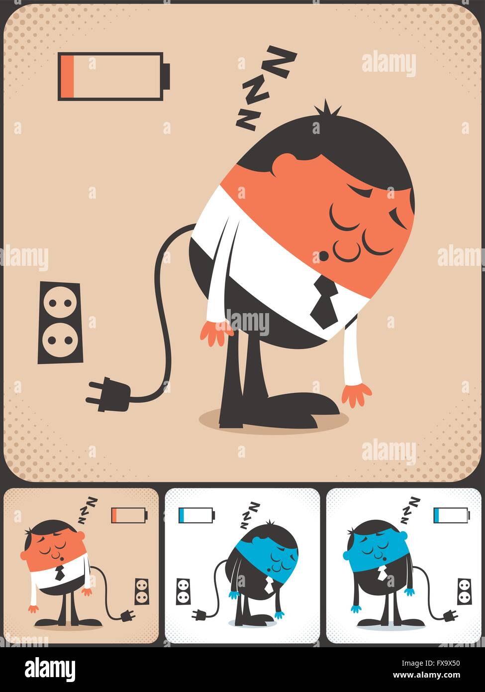 Concetto figura di uomo con basso consumo di energia in 4 diverse versioni. Illustrazione Vettoriale