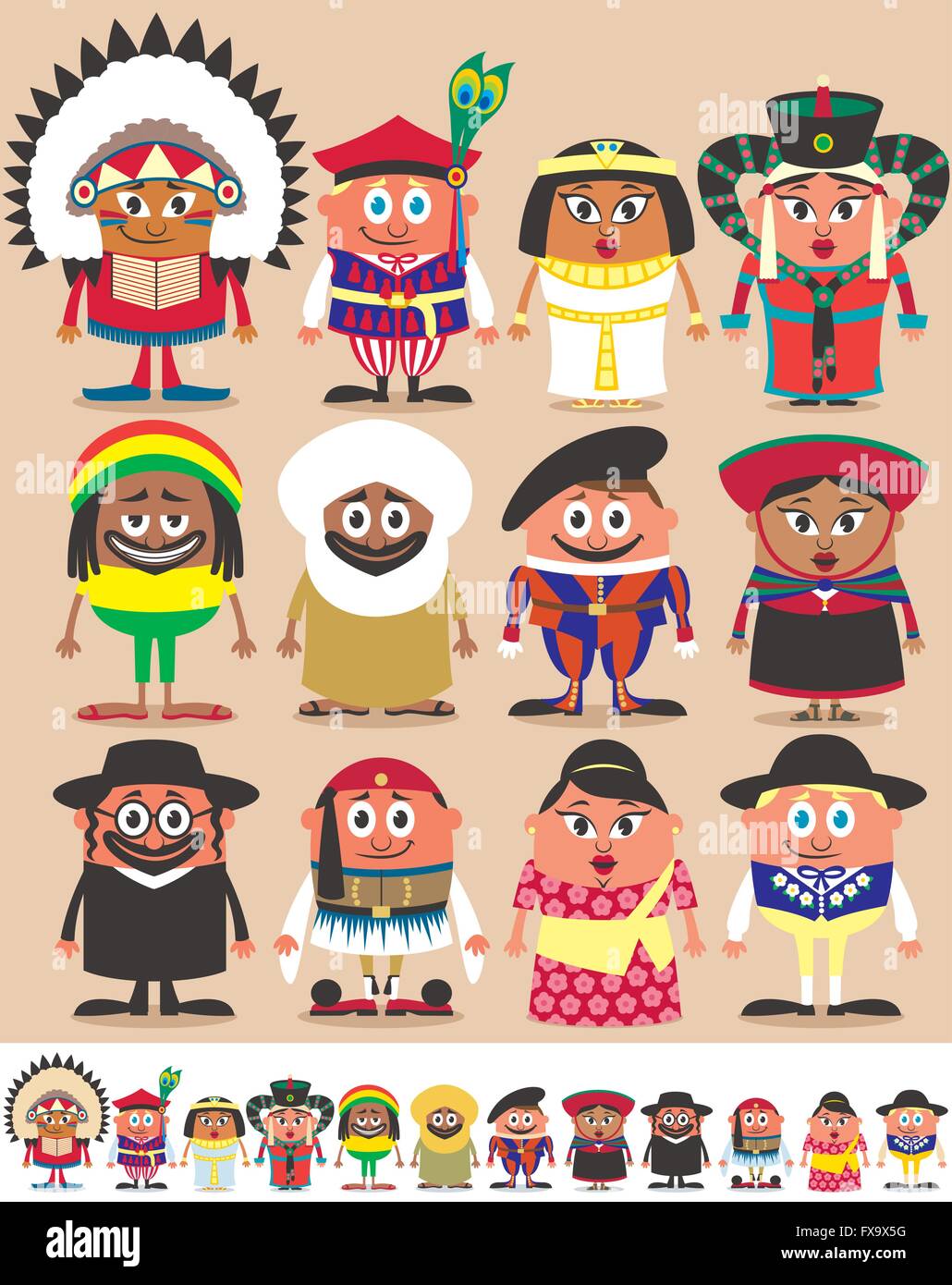 Set di 12 personaggi vestiti in diversi costumi nazionali. Ogni personaggio è in 2 versioni di colore a seconda dello sfondo. Illustrazione Vettoriale