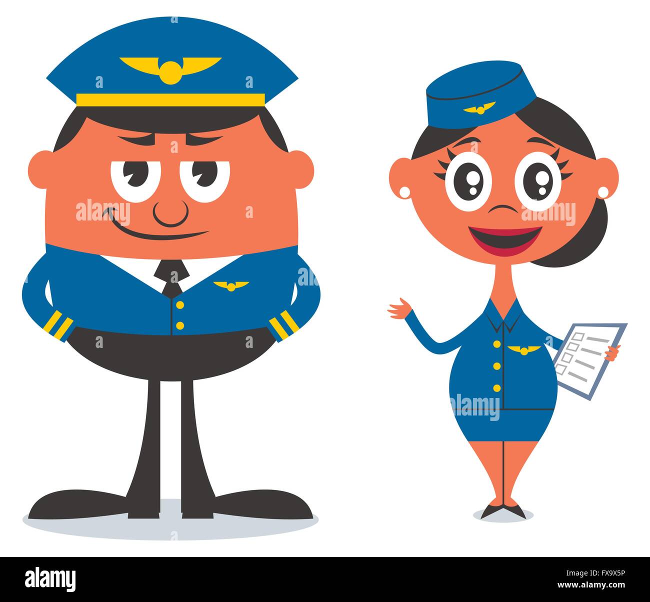 Illustrazione di cartoon pilota e hostess. Nessuna trasparenza e gradienti utilizzati. Illustrazione Vettoriale