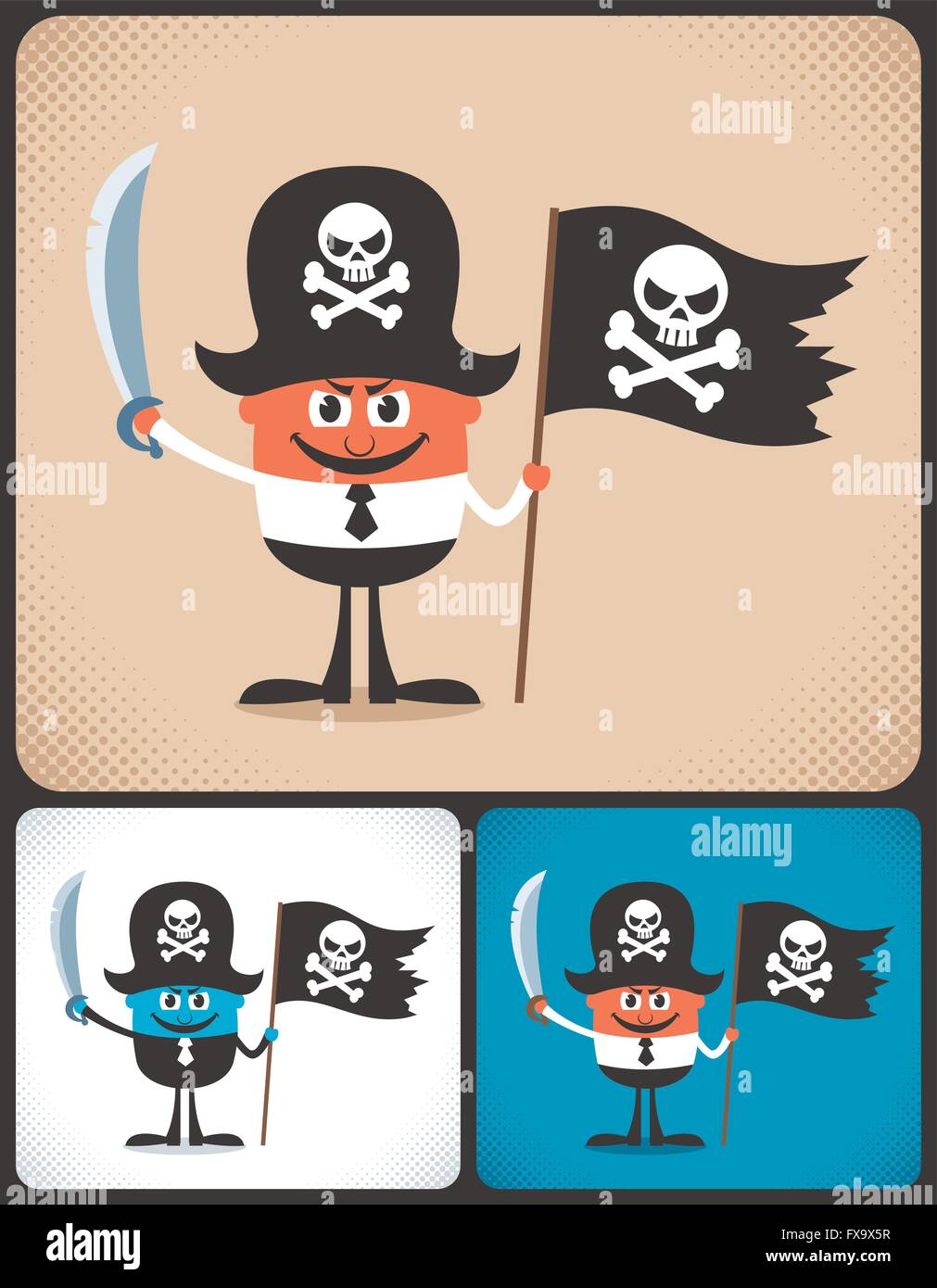 Illustrazione concettuale di imprenditore con accessori pirata. Illustrazione è in 3 versioni di colore. Illustrazione Vettoriale