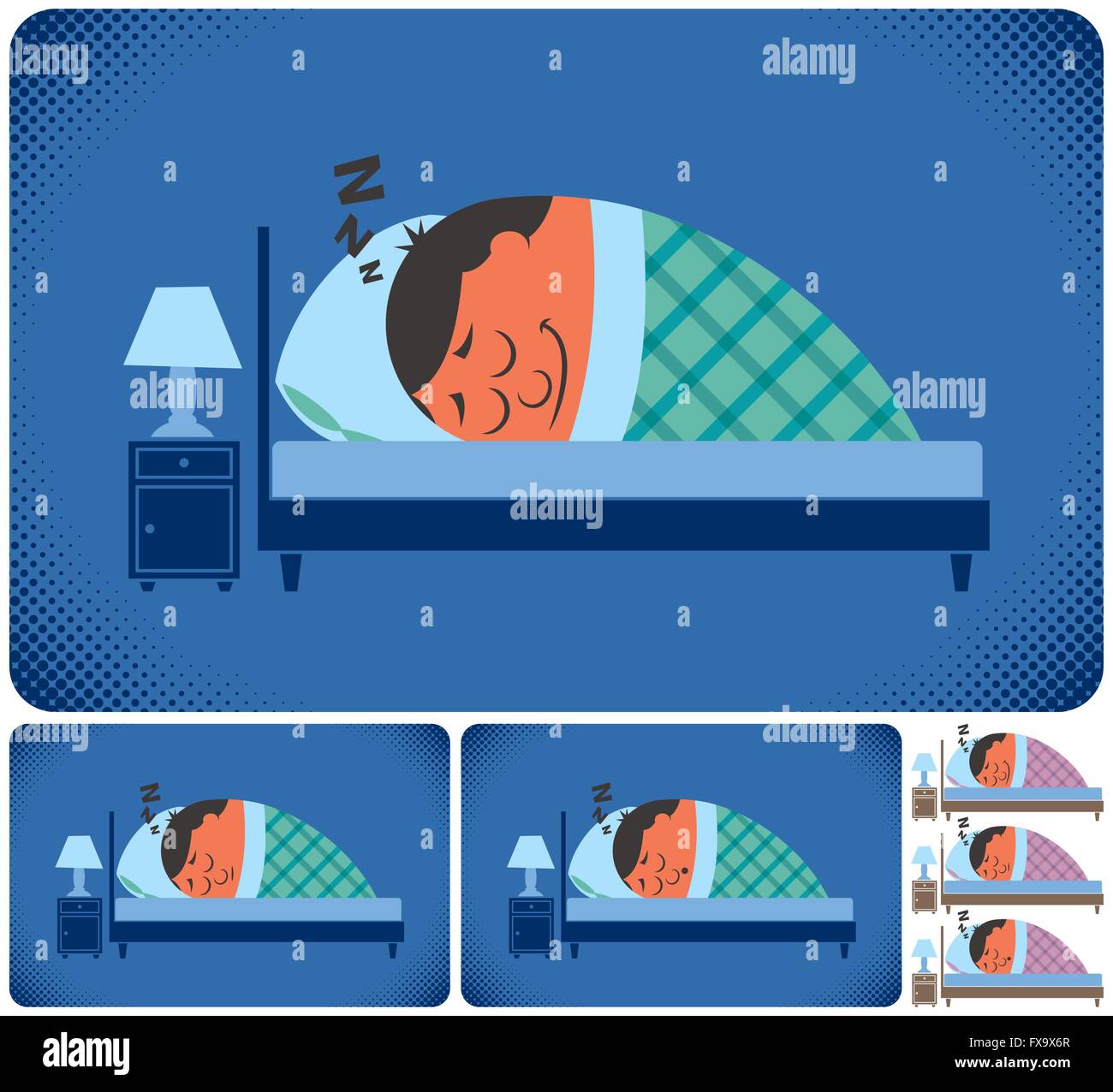 Cartoon illustrazione dell uomo dorme in 6 versioni. Nessuna trasparenza e gradienti utilizzati. Illustrazione Vettoriale
