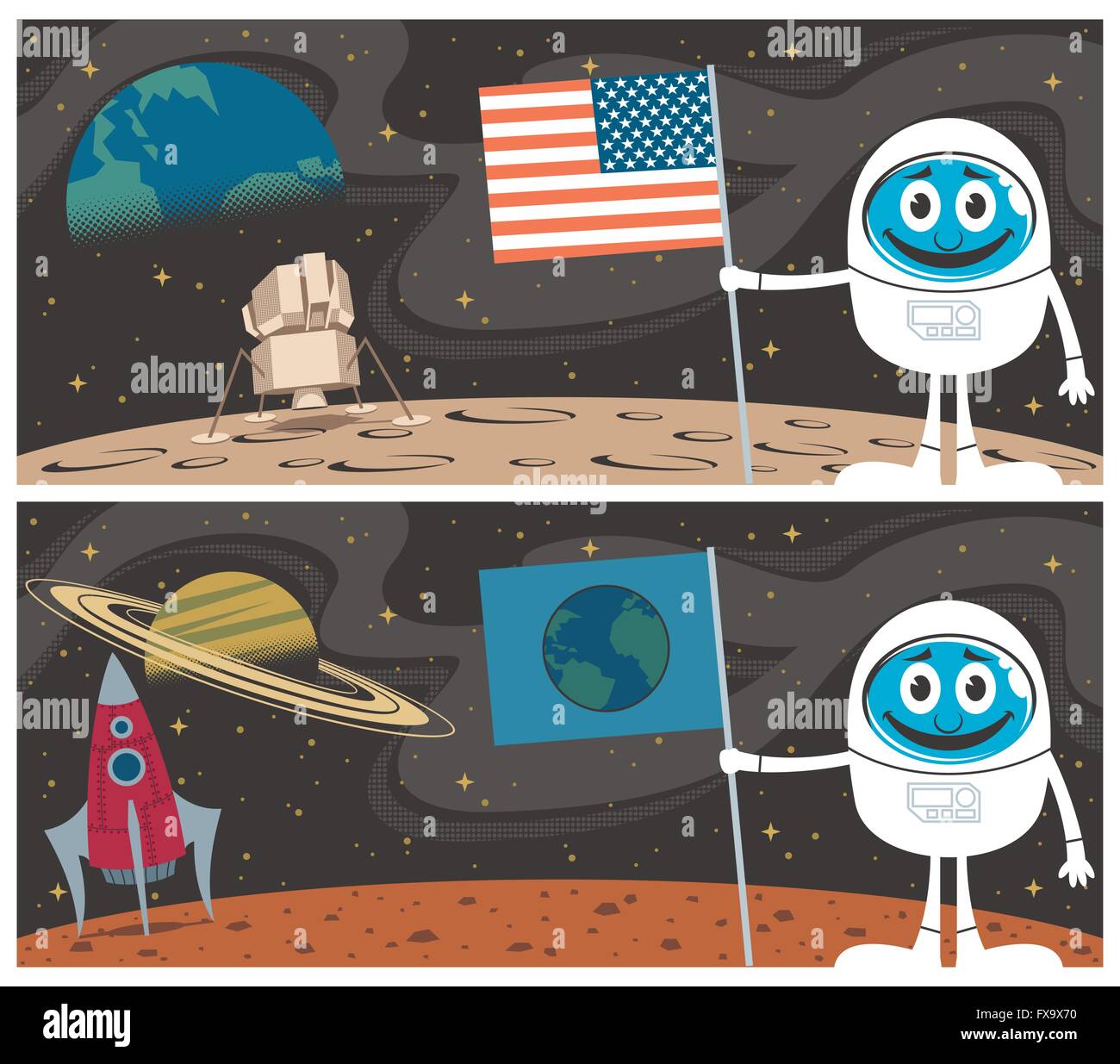 Cartoon illustrazioni dello sbarco sulla Luna e l'atterraggio su Marte. Illustrazione Vettoriale