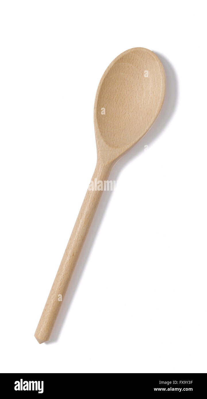 Cucchiaio di legno isolato su sfondo bianco Foto Stock
