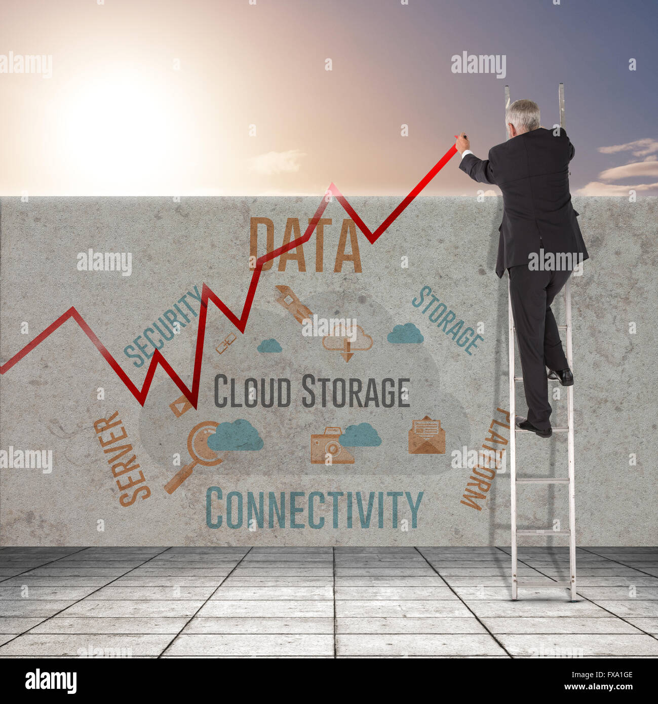 Immagine composita di imprenditore cerca su una scala a pioli Foto Stock