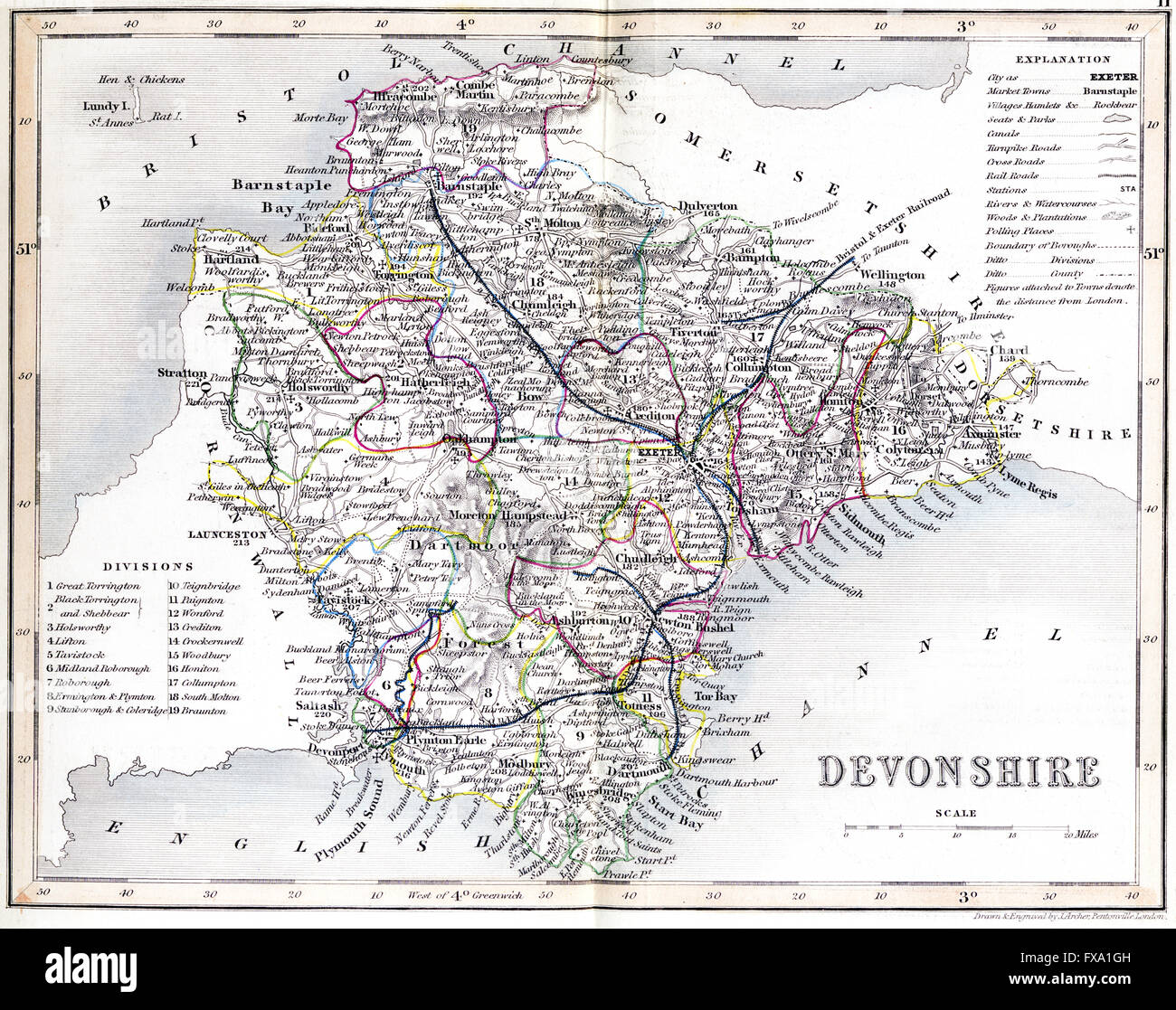 Una vecchia mappa colorata di Devonshire scansionati ad alta risoluzione da un libro stampato intorno al 1850. Questa immagine è creduto di essere libero Foto Stock