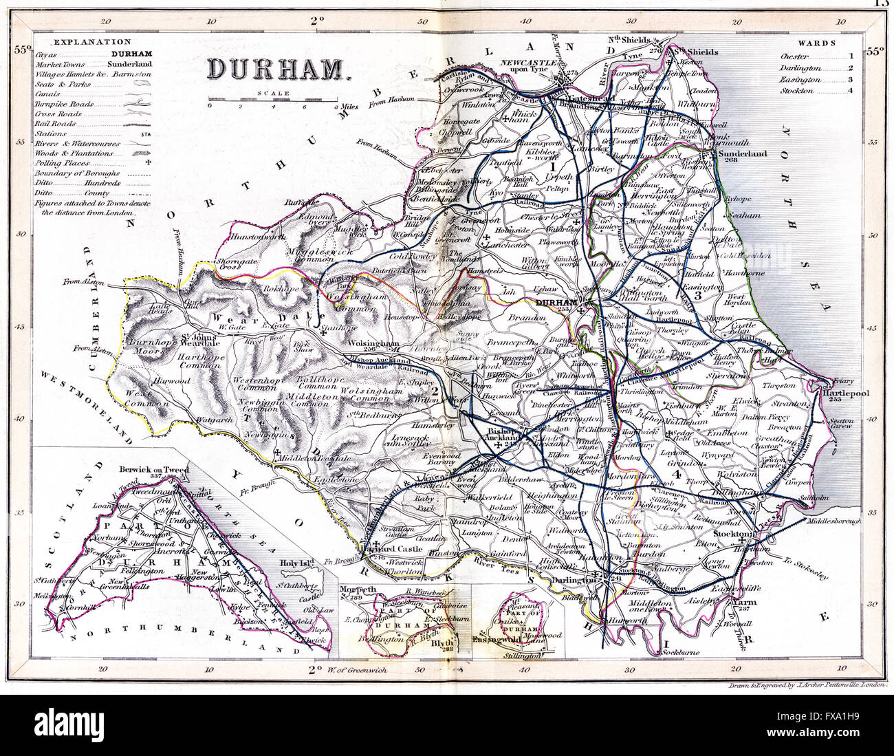 Una vecchia mappa colorata della Contea di Durham scansionati ad alta risoluzione da un libro stampato intorno al 1850. Ritiene copyright free. Foto Stock