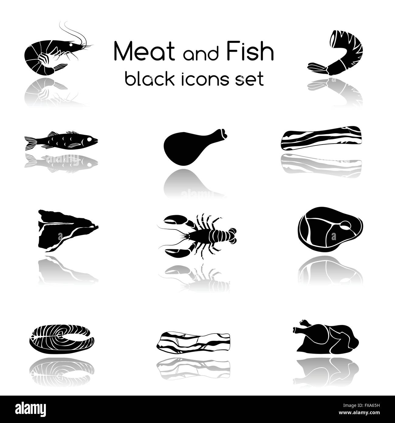 La carne e il pesce icone nere Illustrazione Vettoriale