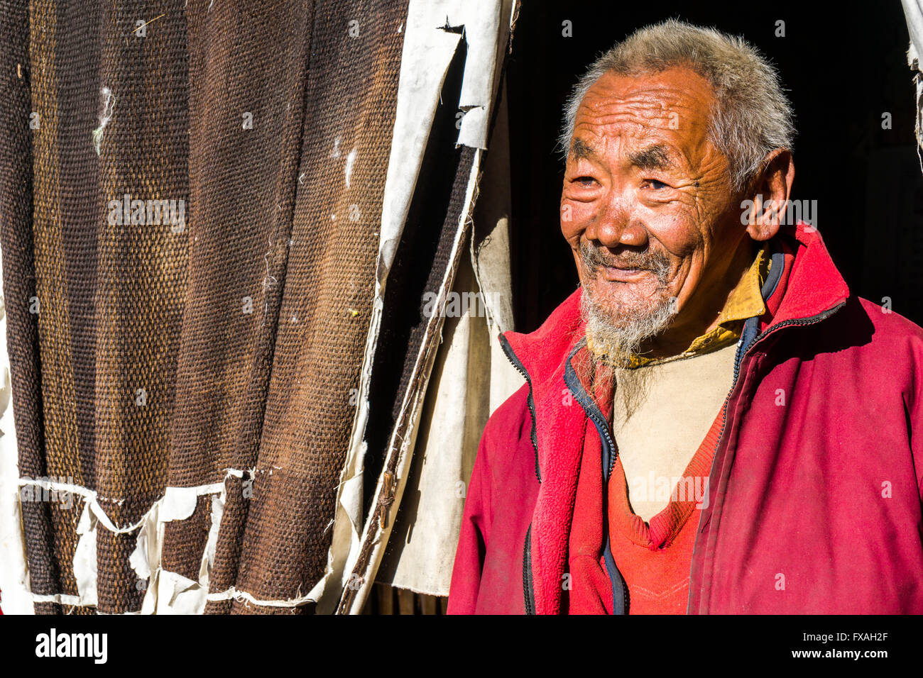Ritratto di un vecchio monaco davanti a una porta del gompa Thame monastero, Thame, Solo Khumbu, in Nepal Foto Stock