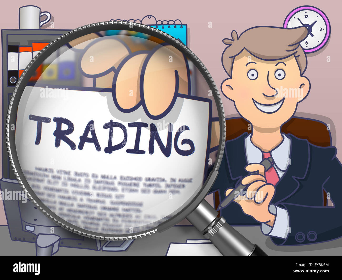 Trading attraverso la lente di ingrandimento. Doodle Design. Foto Stock