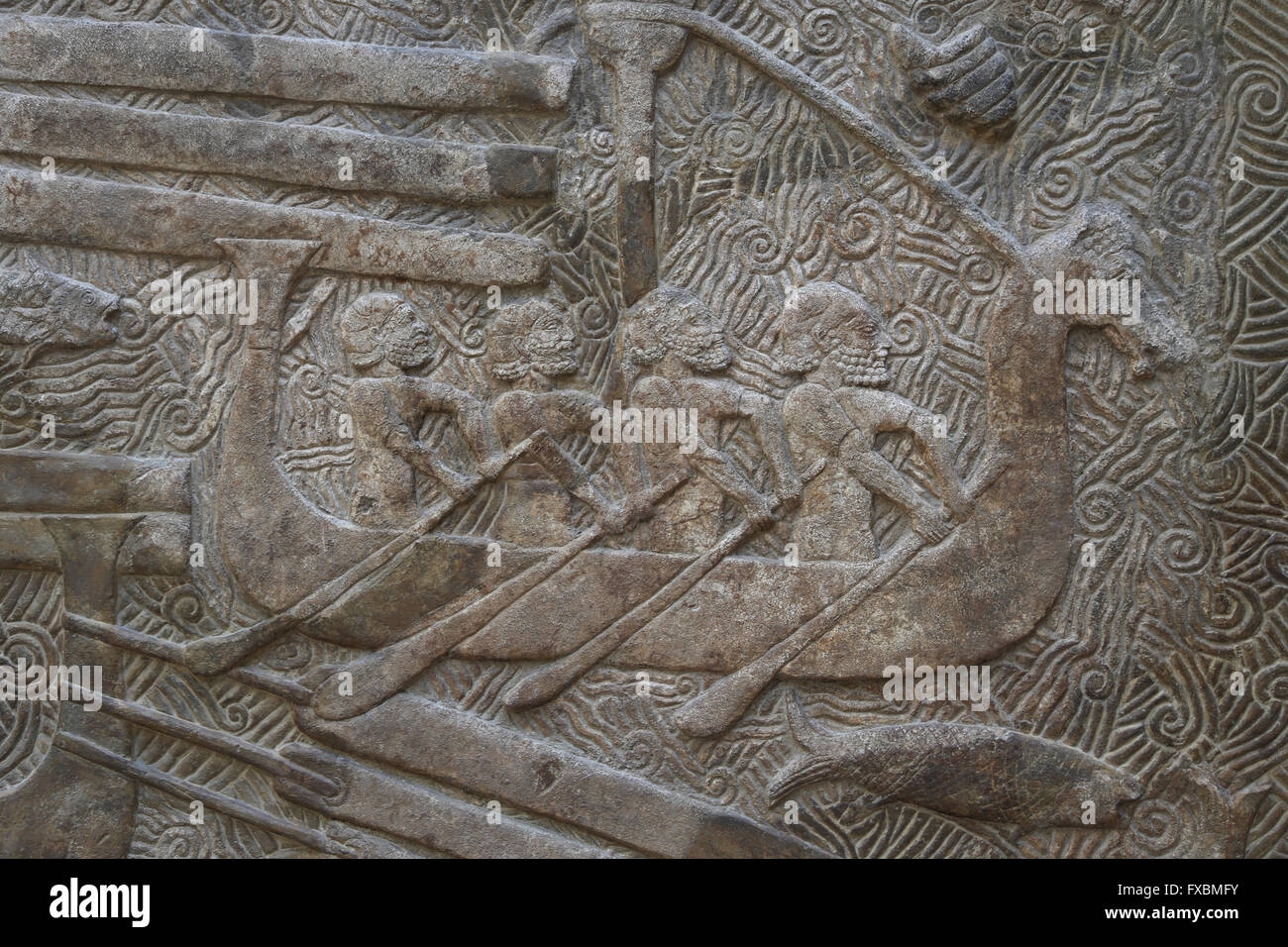 Lastra. Il trasporto del legname (cedri del Libano, civiltà fenicia). Navi da trasporto. Palazzo di Sargon II, Khorsabad,. Foto Stock