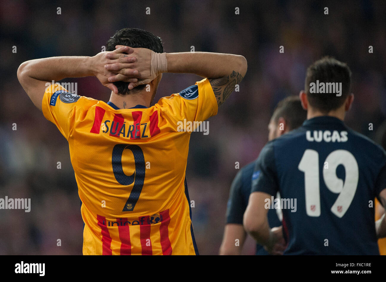 Vicente Calderón Stadium, Madrid, Spagna. Il 13 aprile 2016. Luis Suarez durante la seconda metà. UEFA Champions League 2015/16 Quarti di finale della seconda gamba Atlético de Madrid vs Barcellona Credito: Pablo Gonzalez Cebrian/Alamy Live News Foto Stock