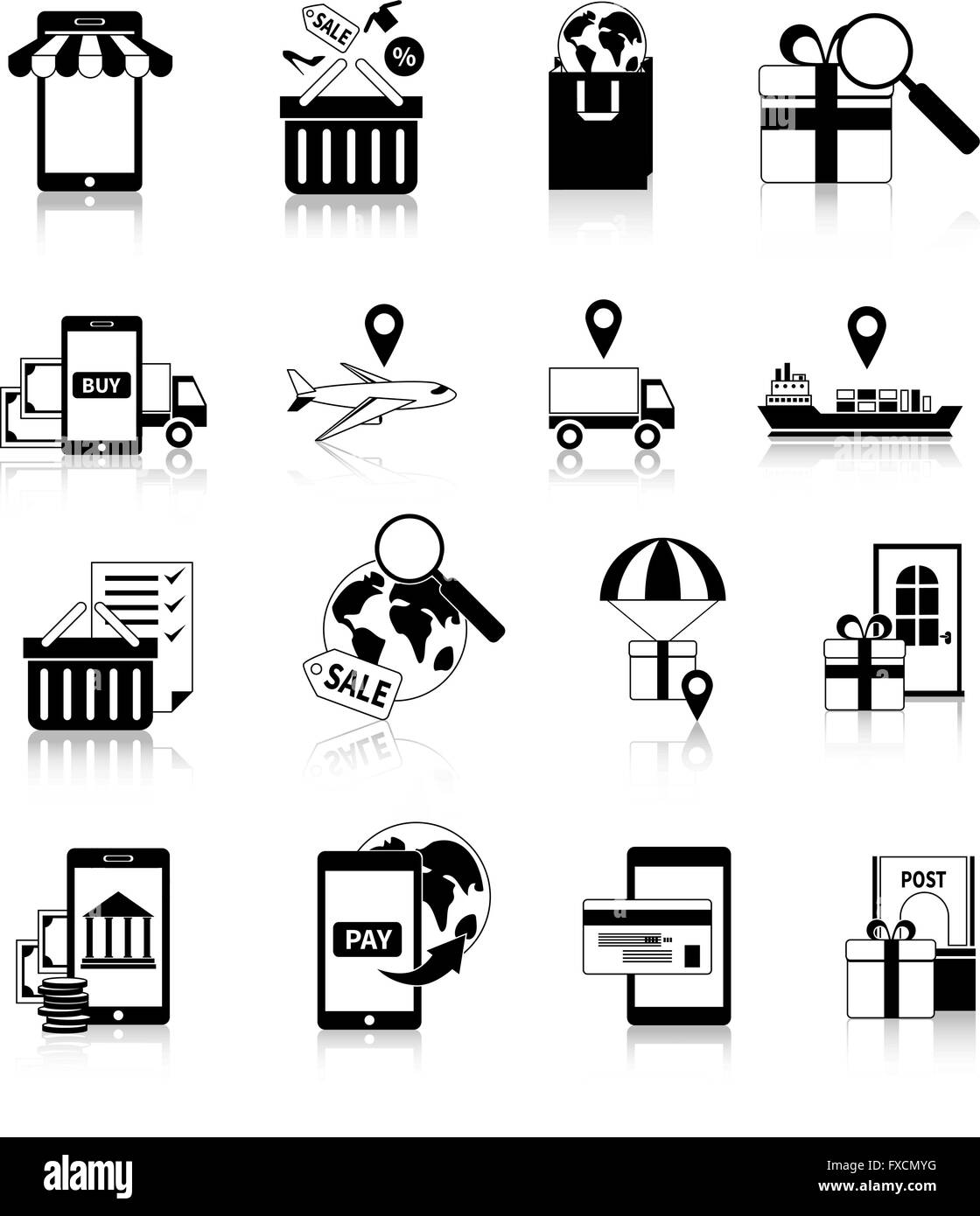 M-commerce Bianco Nero set di icone Illustrazione Vettoriale