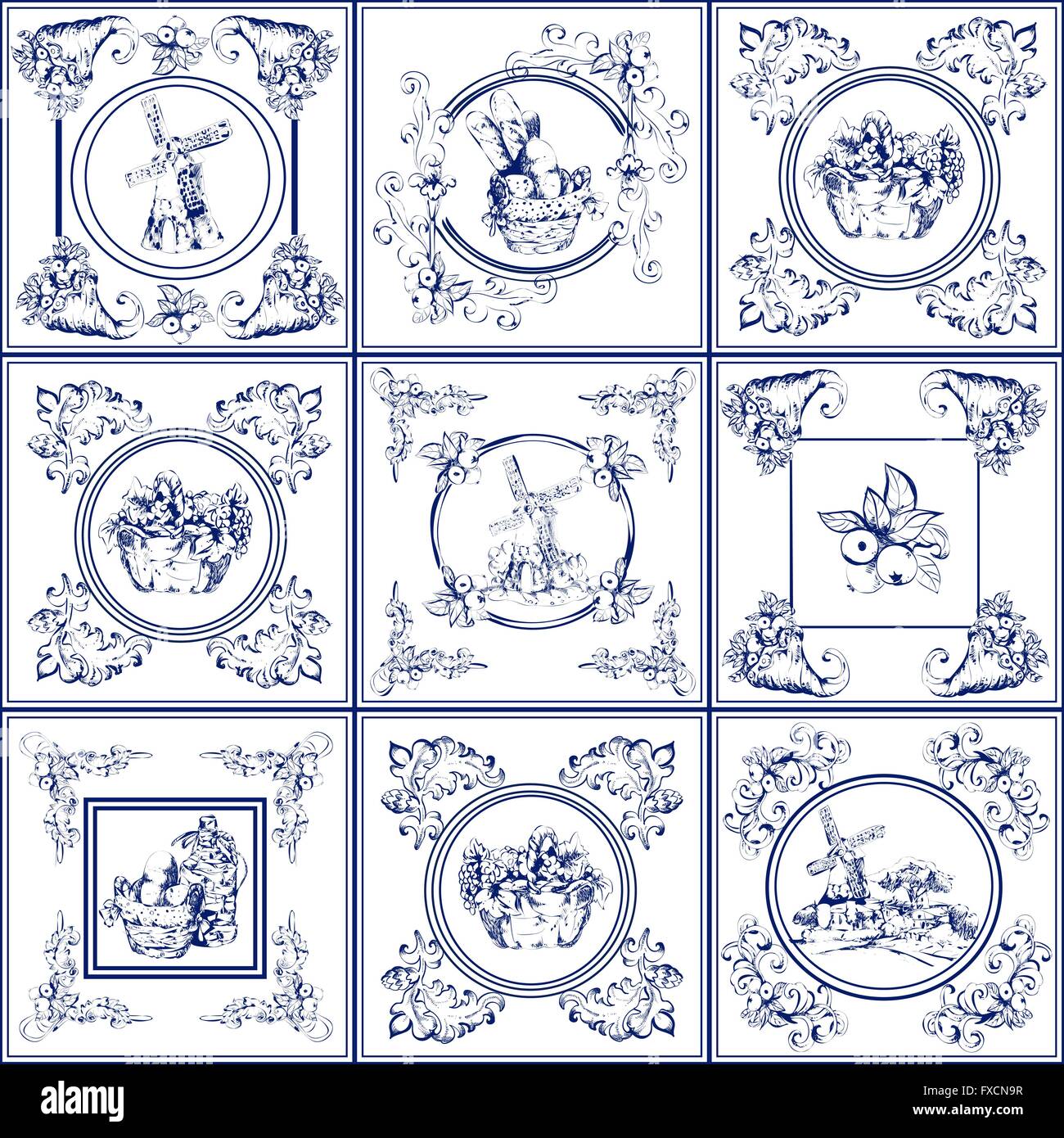 Famoso mattonelle Delft Blue raccolta di icone Illustrazione Vettoriale