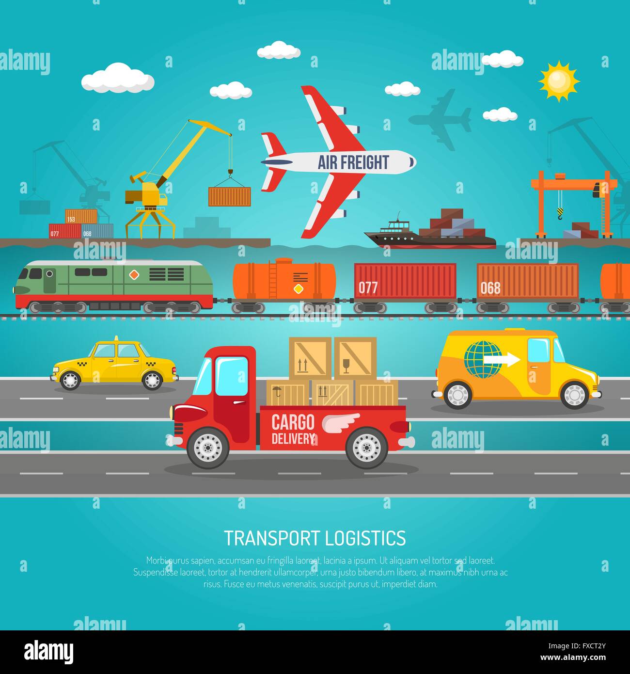 La logistica di trasporto piana dettagli stampa poster Illustrazione Vettoriale